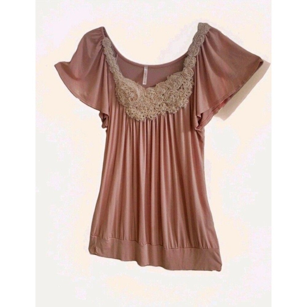 Vtg Rue 21 Whimsical Blouse Size XL Dusty Peach 3D Roses Applique Flutter Sleeve